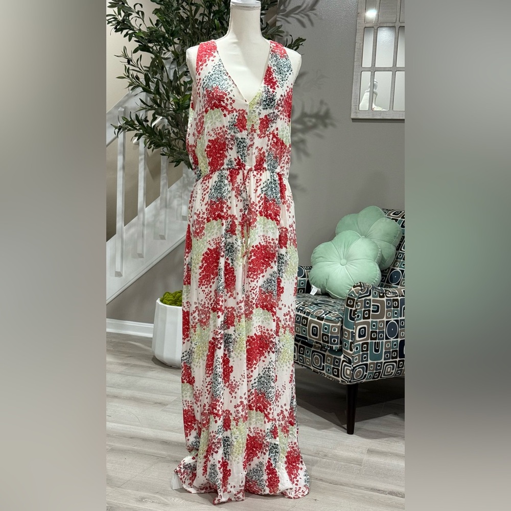 Lucky Brand Women's Sleeveless V Neck Red Green White Floral Print Maxi Dress L